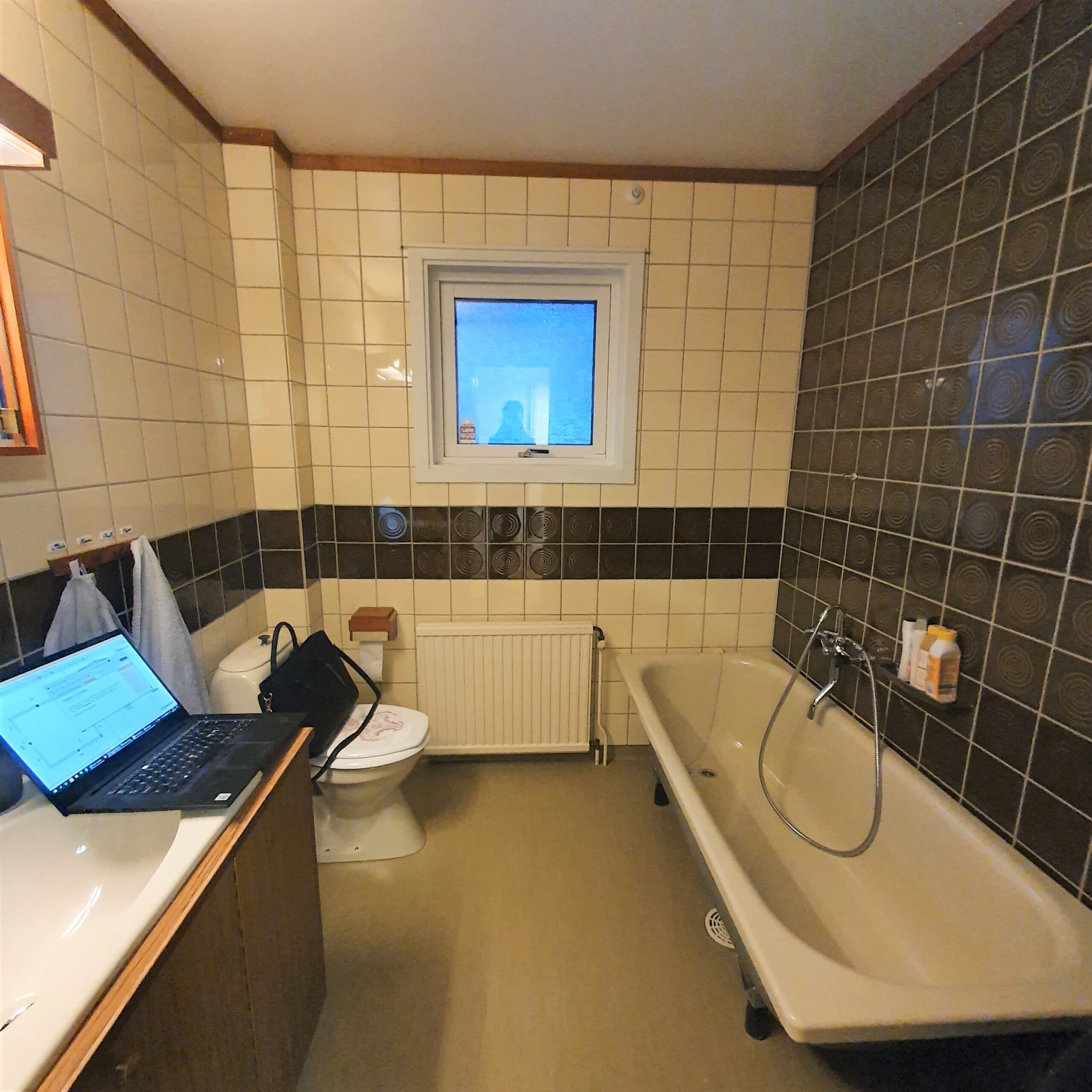 Laptop på handfat. Gammalt badkar och toalett