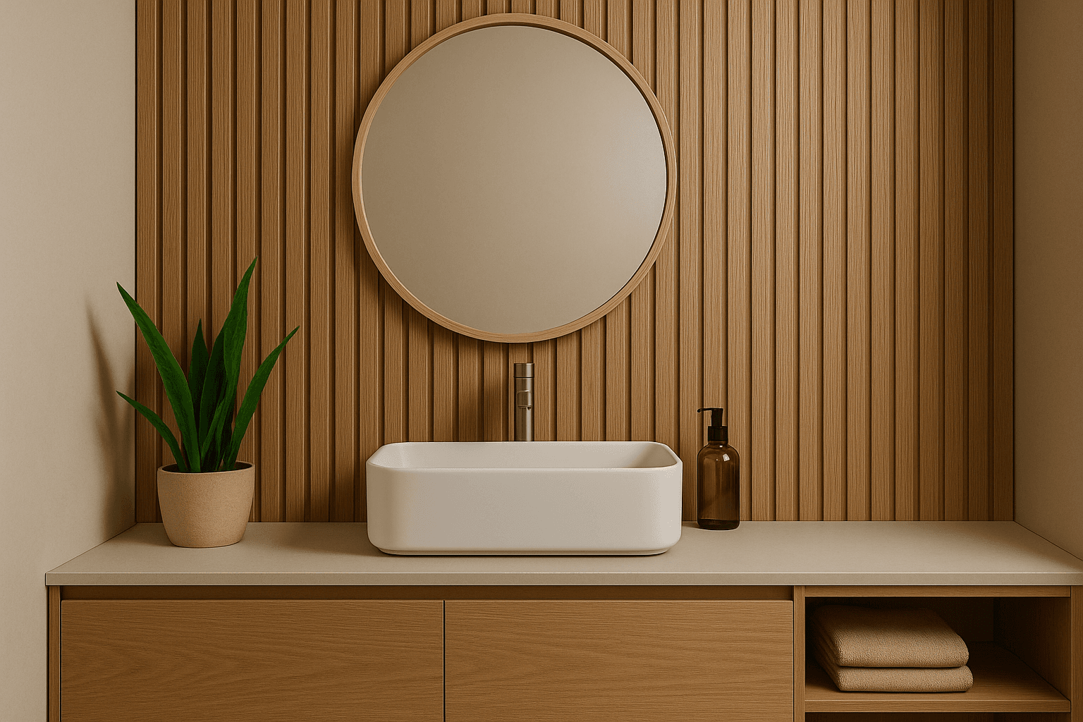 Ett badrum med ribbvägg