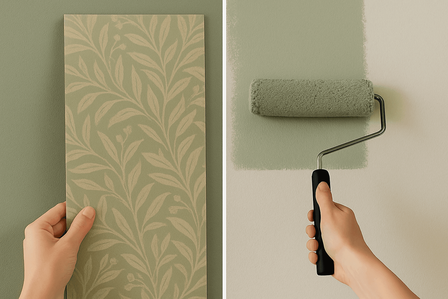 En bild på tapeter och en person som målar